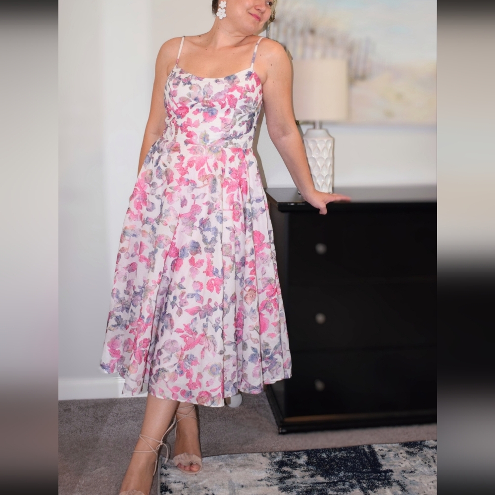 DRESS THE POPULATION Floral Midi Fit And Flare Dress, Large, EUC